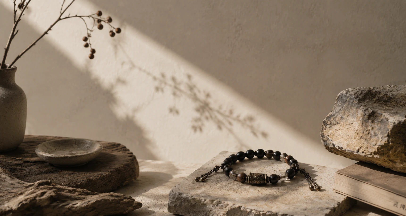Strandzen crystal bracelet on a warm stone and wood still life table