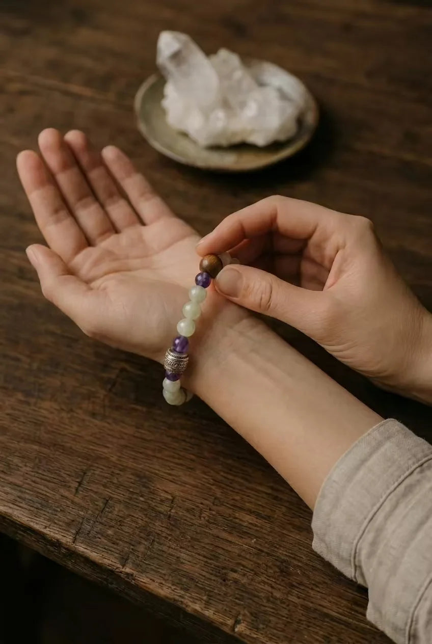 Hands making a Strandzen bracelet at a wooden table