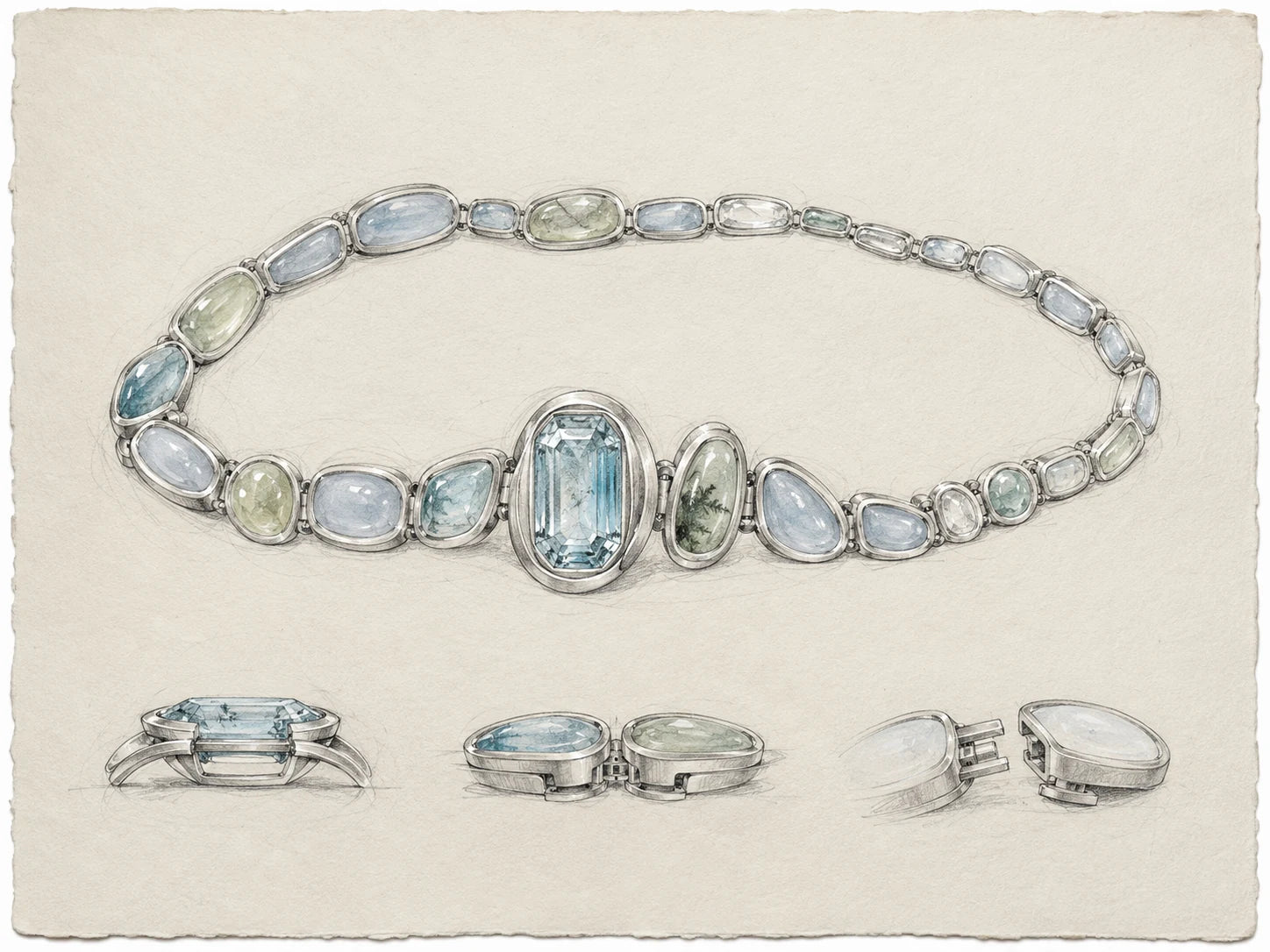 Bracelet design 005 with aquamarine, prehnite, and articulated links