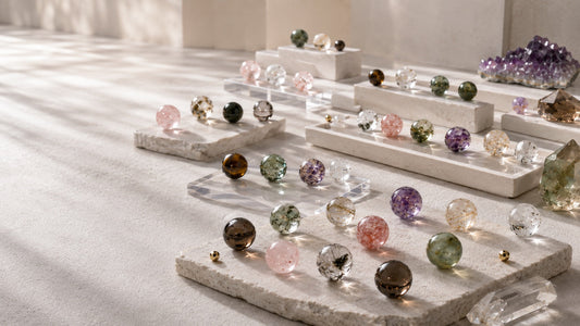 A sunlit Strandzen bead library arranged for bracelet composition studies