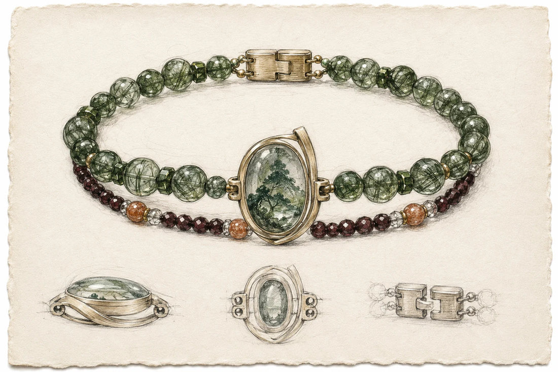 An illustrative Strandzen bracelet design study showing mixed materials distributed through one continuous composition