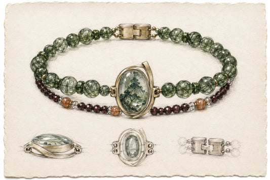 An illustrative Strandzen bracelet design study showing mixed materials distributed through one continuous composition