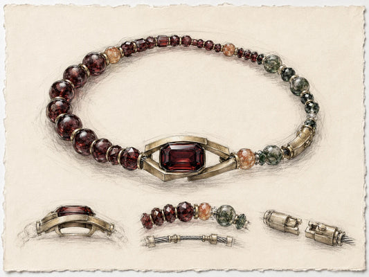 An editorial bracelet design sketch showing a strong focal setting, bead rhythm, side profile, and construction details