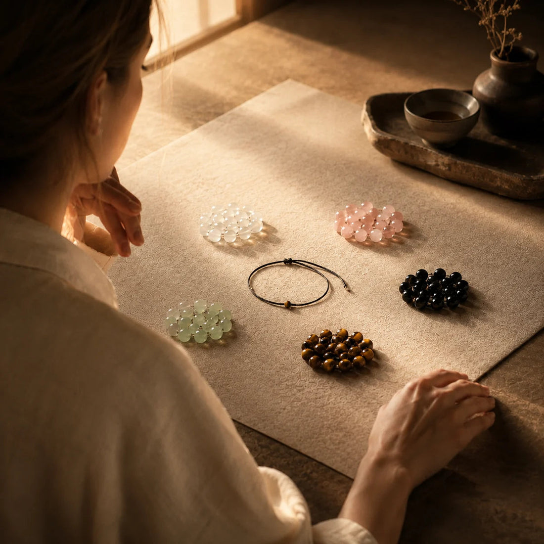 A person comparing several distinct Strandzen bead palettes before choosing a crystal bracelet kit