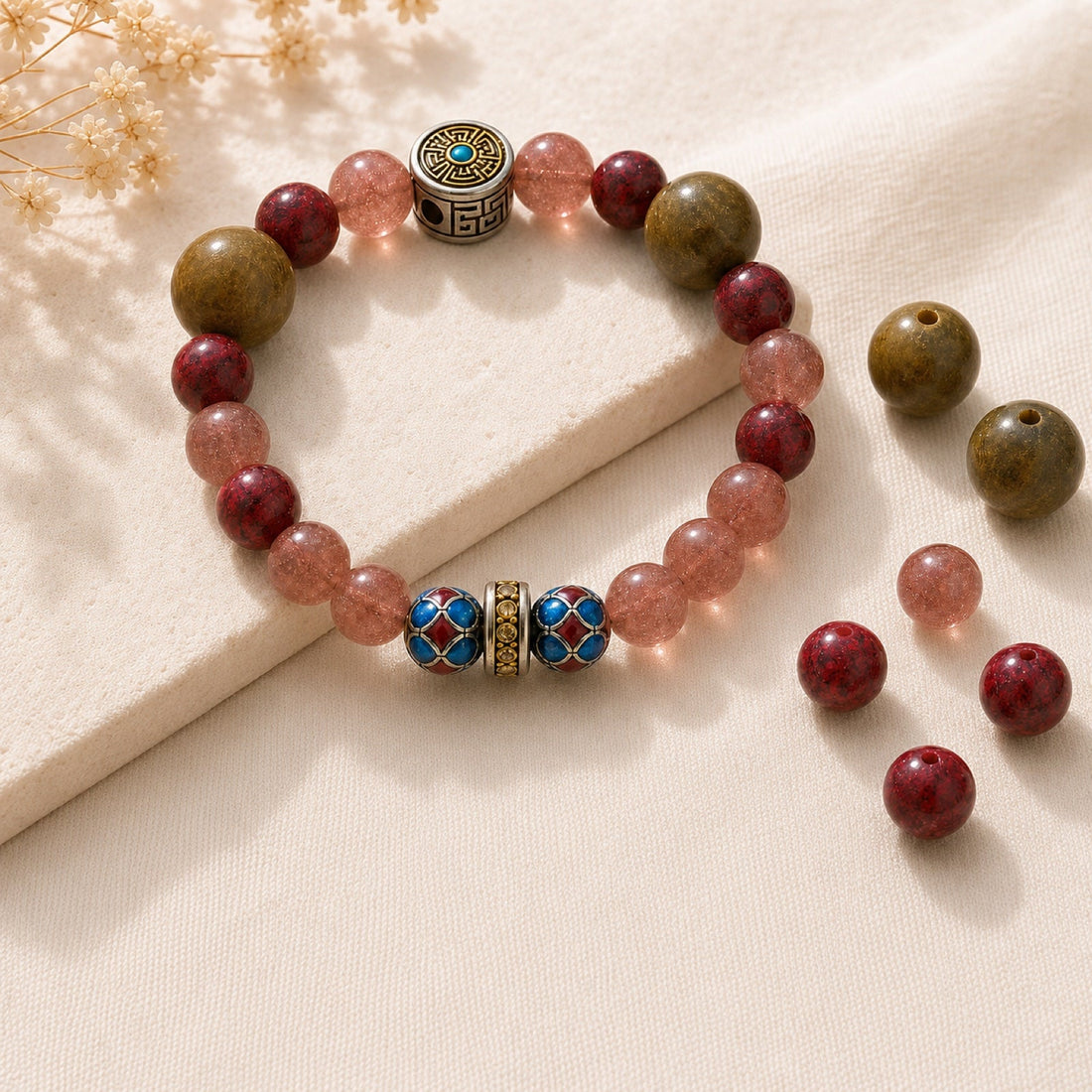 Bracelet materials arranged on a clear work surface before making