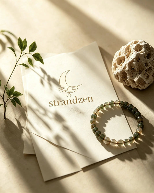 A finished Strandzen bracelet beside the studio brand card in soft natural light