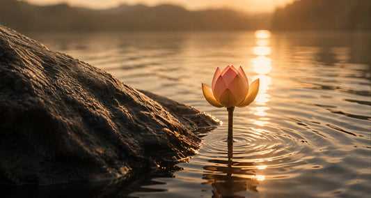A lotus opening in warm sunrise light as a symbolic image of a quiet new beginning