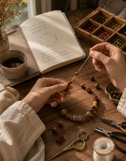 Strandzen crystal bracelet materials arranged on a quiet studio workbench