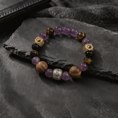 Maze Confidence bracelet on black stone with purple and tiger eye beads thumbnail