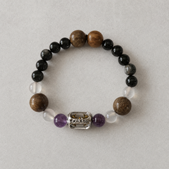 Double Guard Plan A bracelet with black, clear, white, purple, warm brown, and silver-tone details on light stone thumbnail