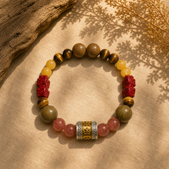 Lotus Start New Start crystal bracelet on warm linen with wood, tiger eye, yellow beads, red carved accents, and a gold focal bead thumbnail