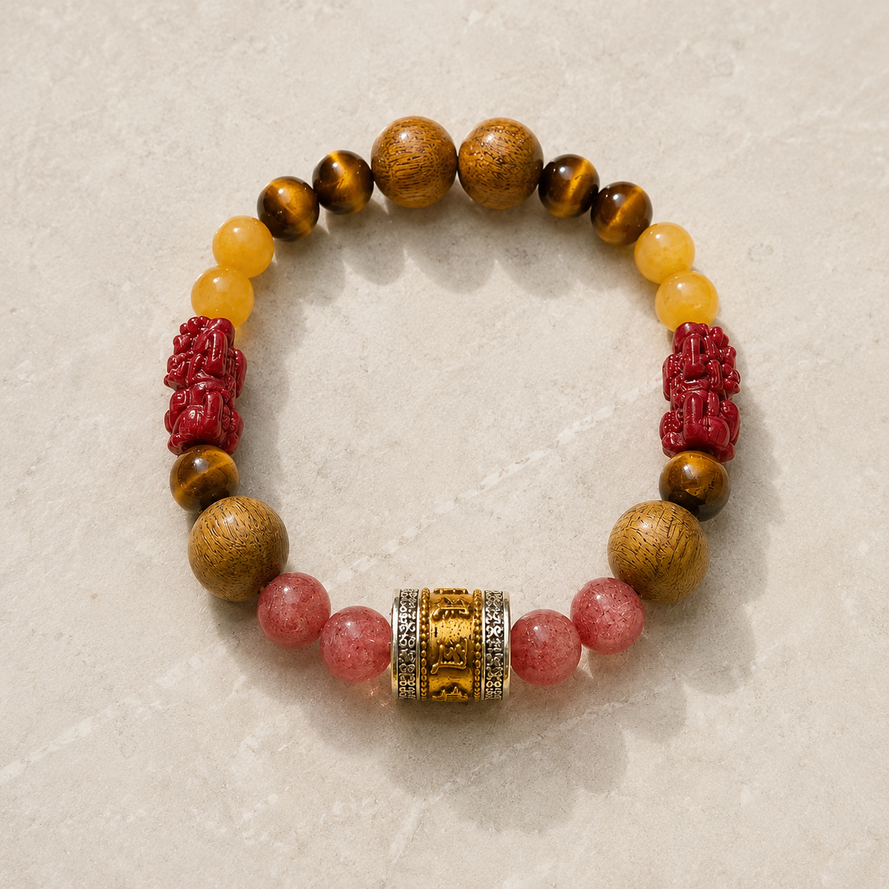 Lotus Start Plan A bracelet with yellow, brown, pink, red, and gold-tone details on light stone