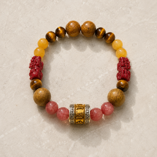 Lotus Start Plan A bracelet with yellow, brown, pink, red, and gold-tone details on light stone