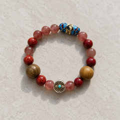 Love Frame Plan A bracelet with pink, red, warm brown, silver-tone, and turquoise-blue details on light stone thumbnail