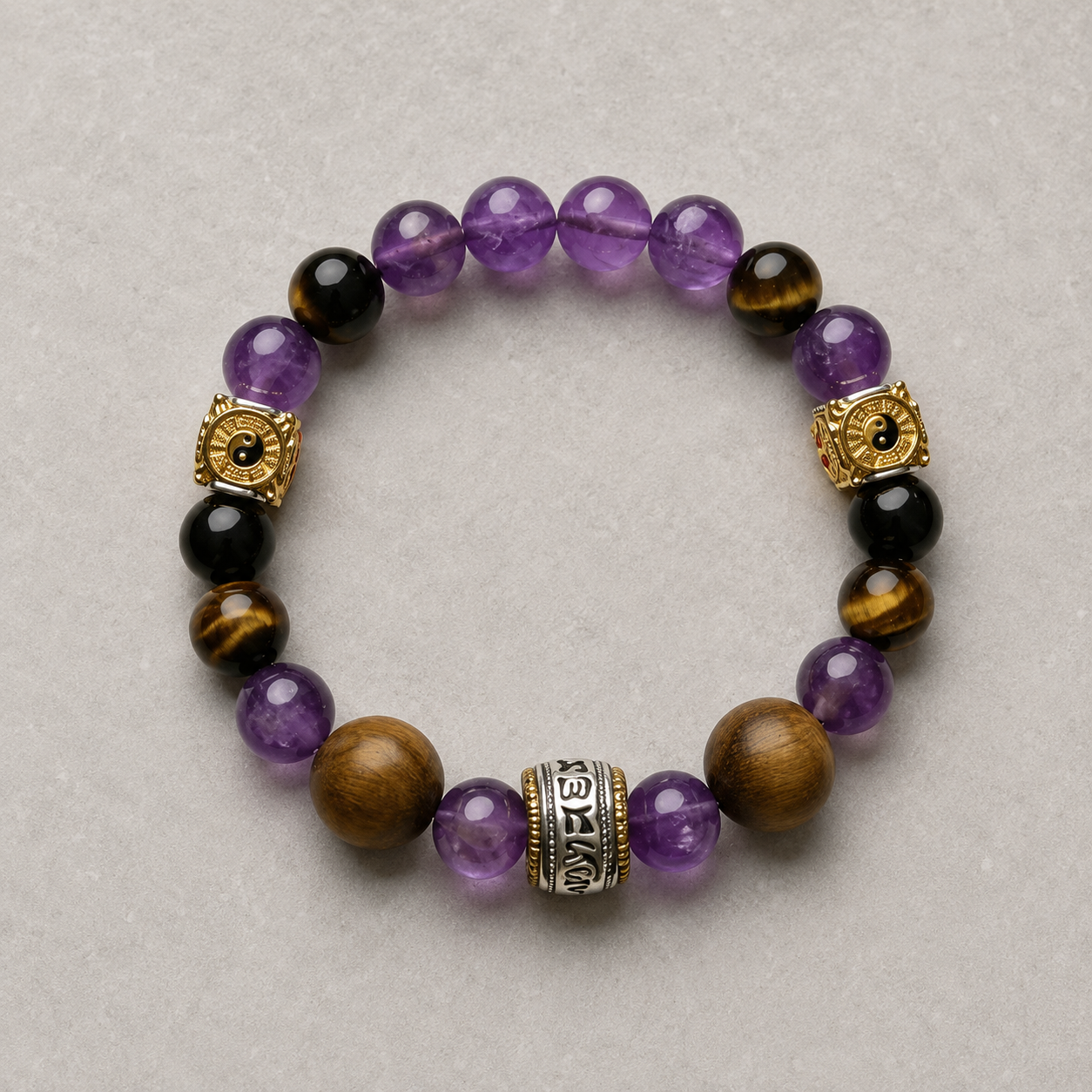 Maze Confidence Plan A bracelet with purple, black, tiger-brown, silver-tone, and gold-tone details on light stone