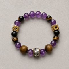 Maze Confidence Plan A bracelet with purple, black, tiger-brown, silver-tone, and gold-tone details on light stone thumbnail