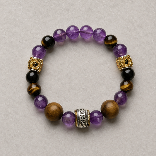 Maze Confidence Plan A bracelet with purple, black, tiger-brown, silver-tone, and gold-tone details on light stone