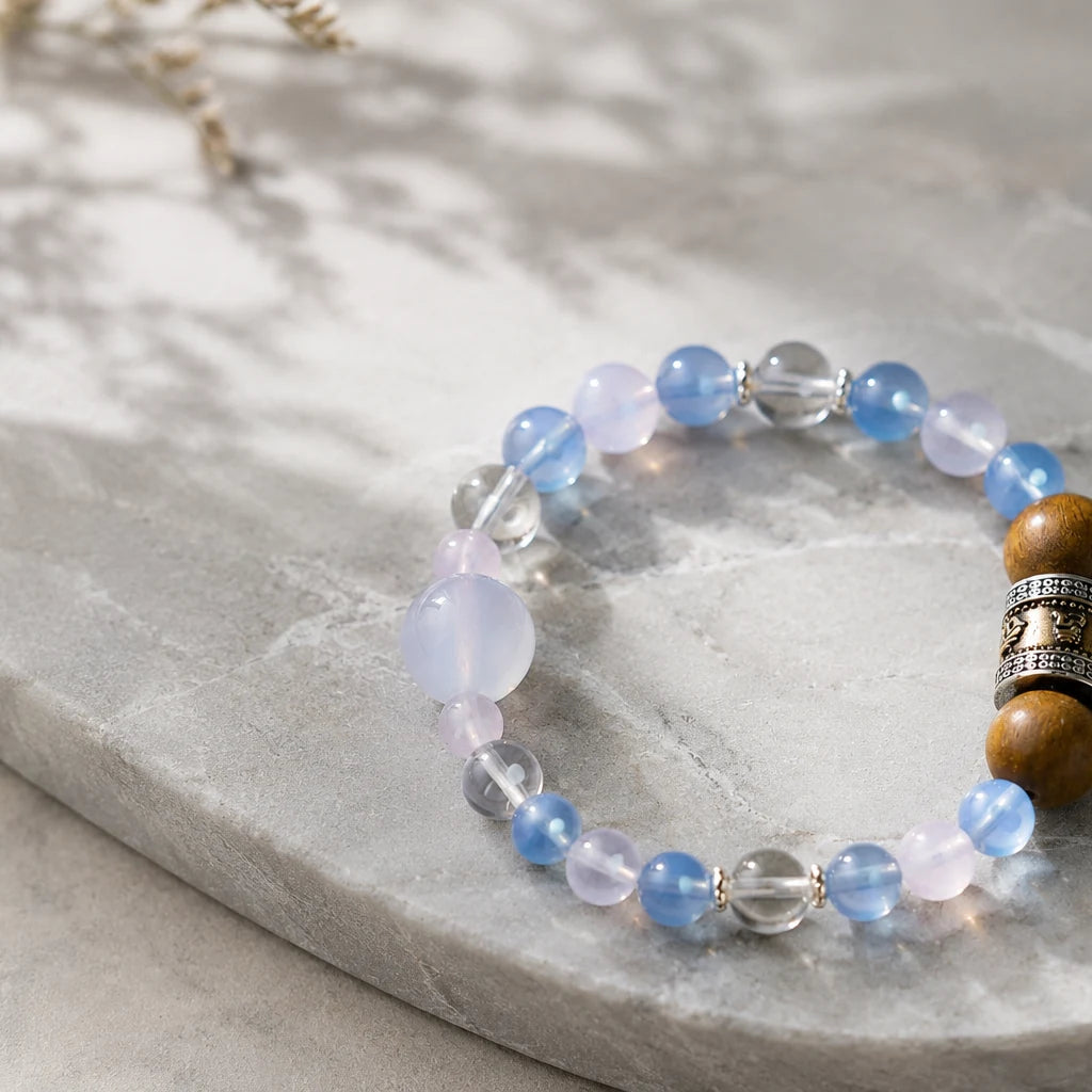 Maze Confidence Plan B bracelet with pale blue, clear, lavender, and warm brown beads on stone