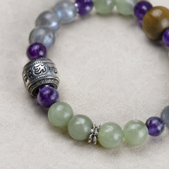 Lotus Start Plan B cylindrical silver-tone focal bead and pale green bead detail thumbnail