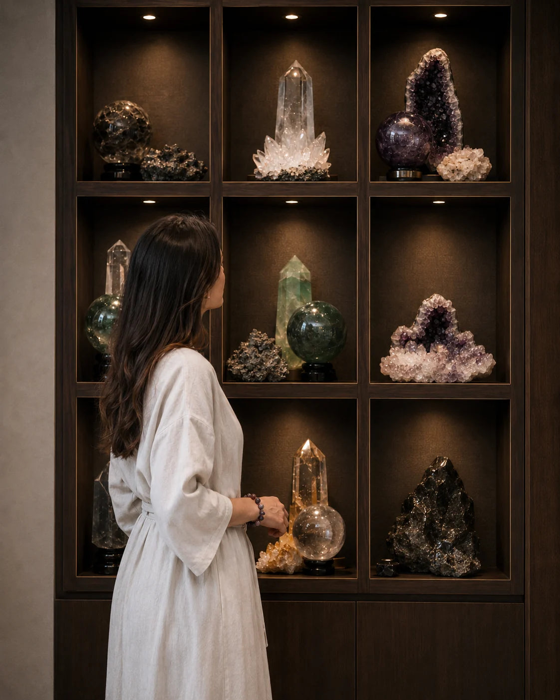 Woman wearing a crystal bracelet while viewing a curated crystal display