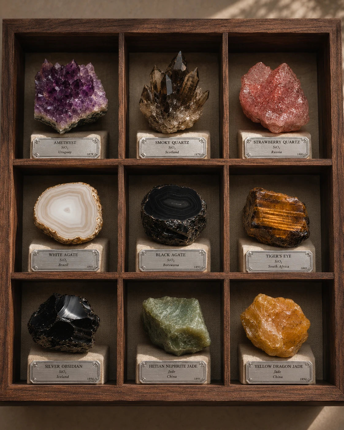 Museum-style crystal material archive for Strandzen bracelet guides