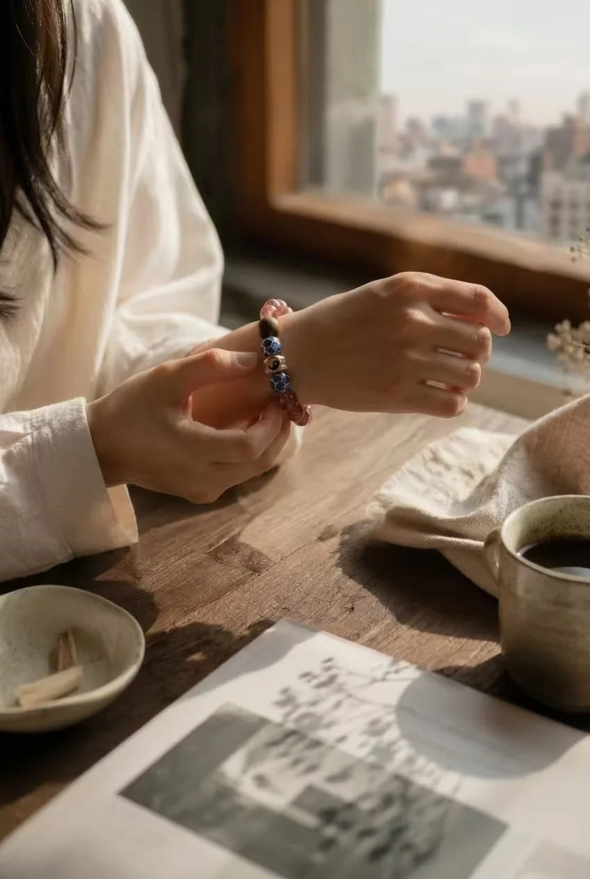Woman adjusting a Strandzen bracelet by a window