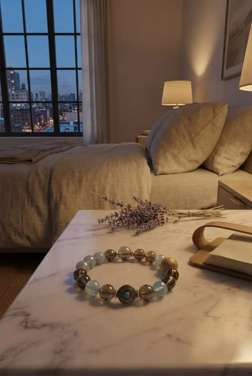 Strandzen crystal bracelet displayed on a marble table