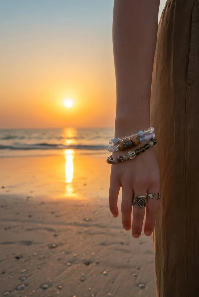 Woman wearing stacked Strandzen bracelets at sunset