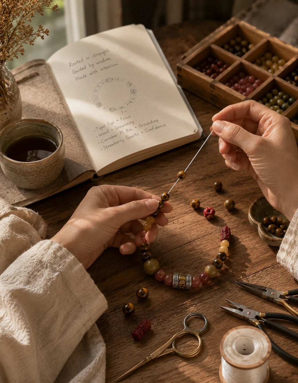 Hands threading crystal beads beside a Strandzen bracelet design sketch and jewelry tools