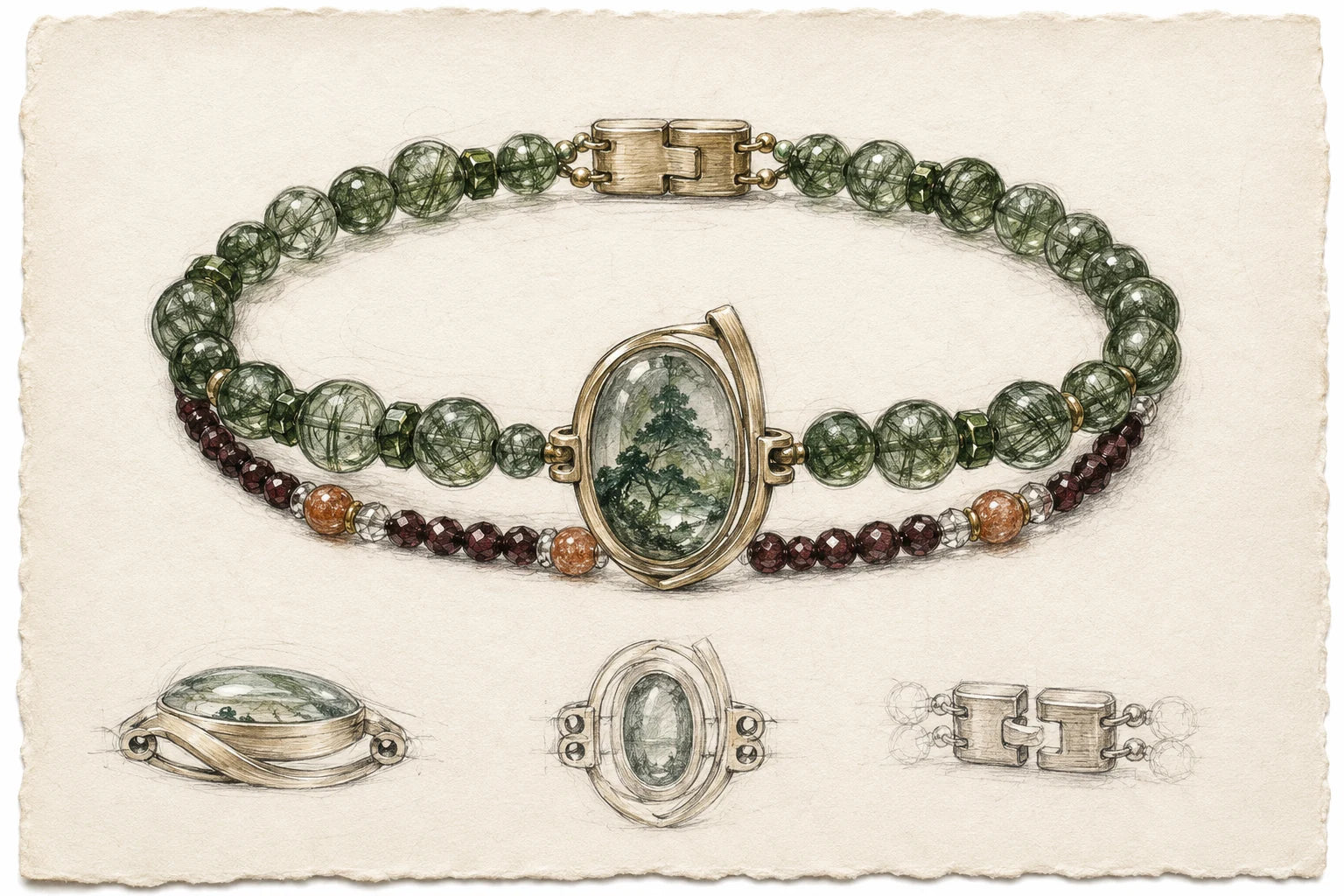 Bracelet design 001 with deep green and burgundy gemstone tracks