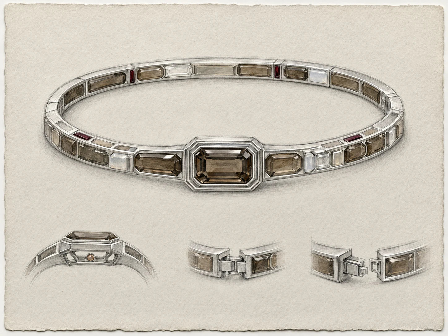 Bracelet design 002 with smoky quartz, white chalcedony, and dark red accents