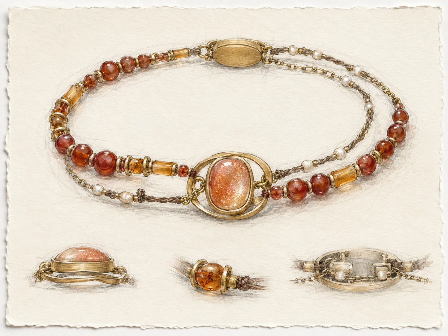 Bracelet design 004 with sunstone, Nanhong agate, and honey-toned gems